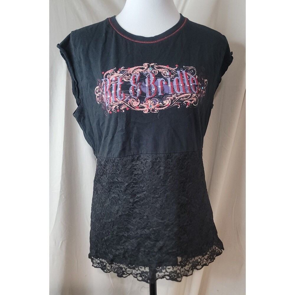 Bit & Bridle Black Lace Hem Graphic Tee Women’s Large Western Y2K Boho Top